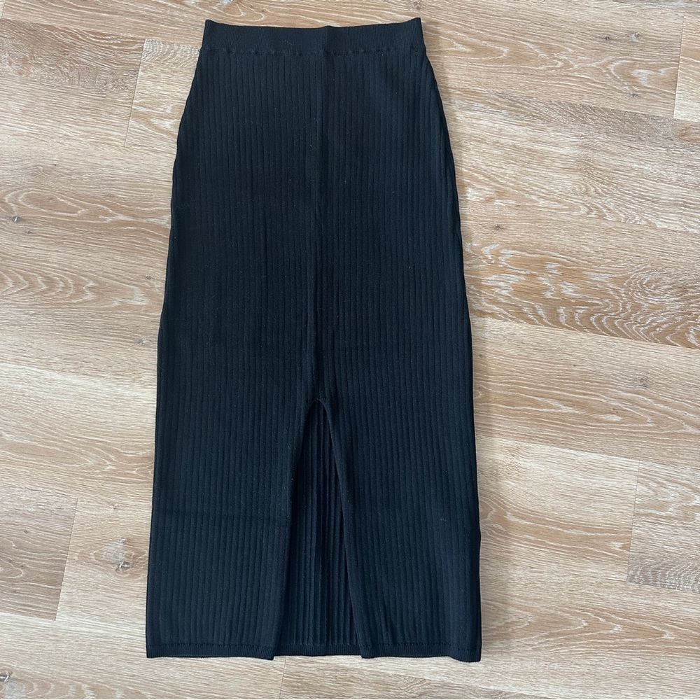 Free People Black Ribbed Midi Skirt with Front Center Slit